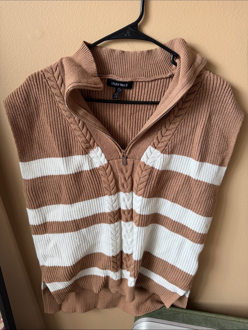Ellen Tracy Tan and White Striped Half-Zip Cowl Sweater